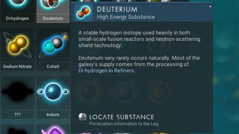 Deuterium no man%27s sky - The recipe for Deuterium in No Man’s Sky is: Deuterium x1: Di-Hydrogen x1 Tritium x1 You can find both elements needed to manufacture Deuterium easily. Di-hydrogen is on most planets in...